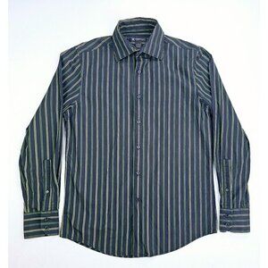 INC Size Small Men's Black Green Stripe Long Sleeve Spread Collar Cotton Shirt